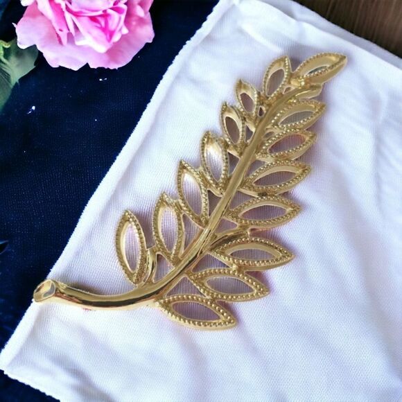 Estate EMMONS Feather Brooch Pin Open Work Leaf Filigree Blonde Gold Tone MCM - Picture 13 of 16